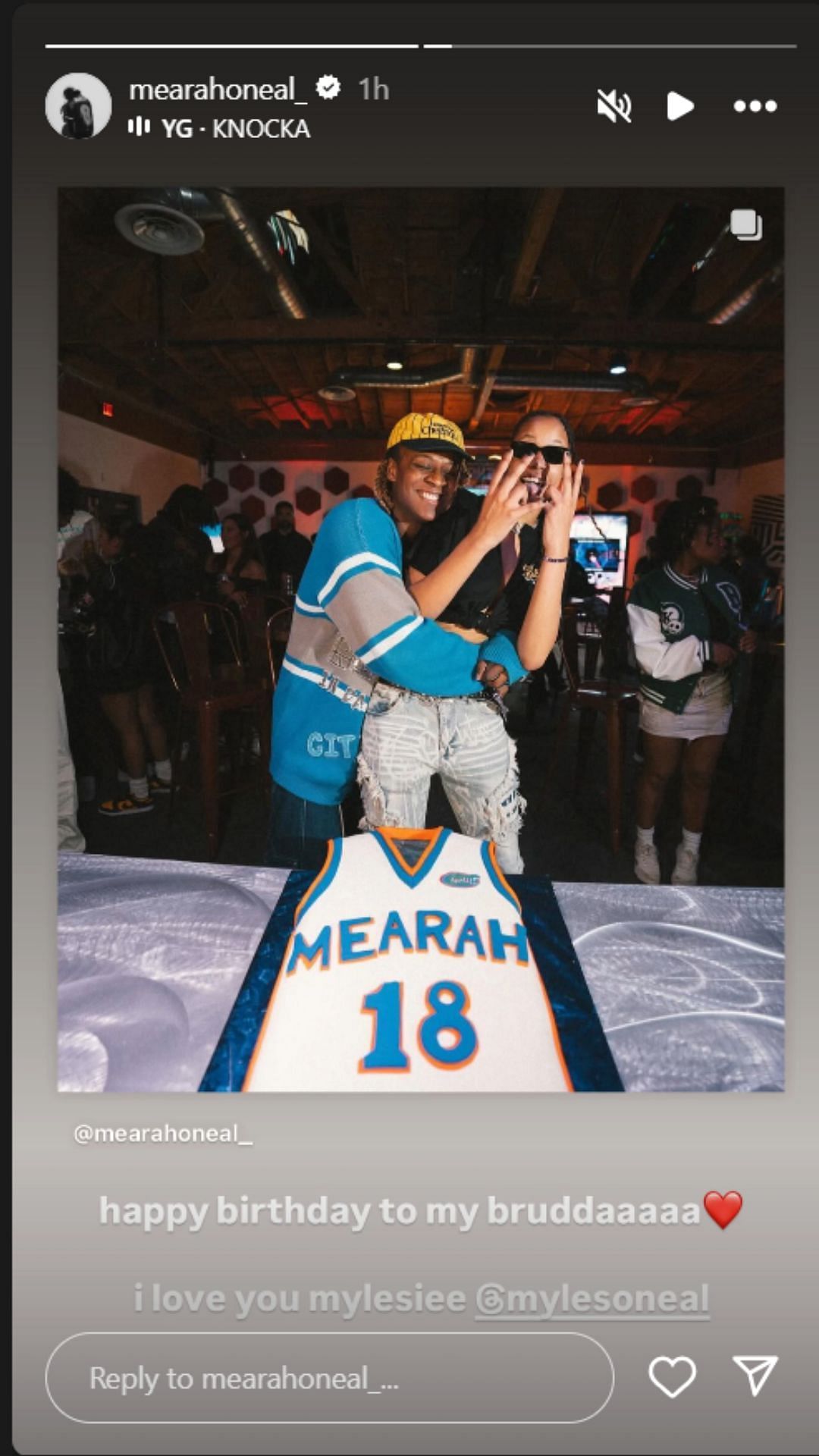 Shaq O'Neal's daughter Me'arah O'Neal wishes brother Myles a happy birthday on IG story. Image via @mearahoneal
